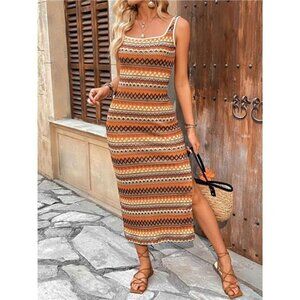 Perfee Side Slit Contrast Sleeveless Midi Tank Dress